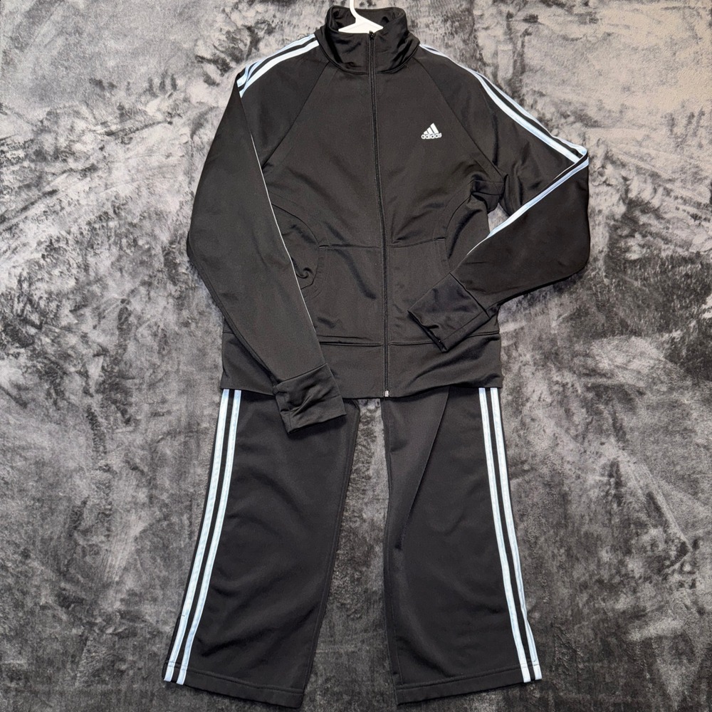 Adidas Womens Tracksuit Set Black Light Blue 3-Stripe Jacket Pants M E77458